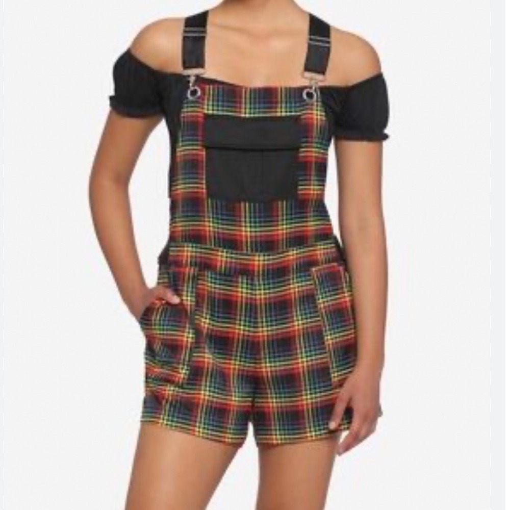 Hot Topic L Rainbow Plaid Utility Shortalls Overalls Black Tartan Pride Grunge